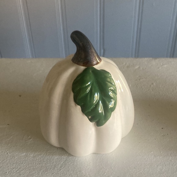 NWT- Set of 2- White Green Leaf Porcelain Glazed Fall Pumpkin Decorations - Picture 11 of 16